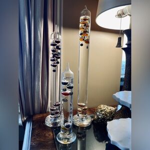 Set of 3 Multi Coloured Bulb Galileo Thermometers Swiss made 24, 20 And 13 Inch